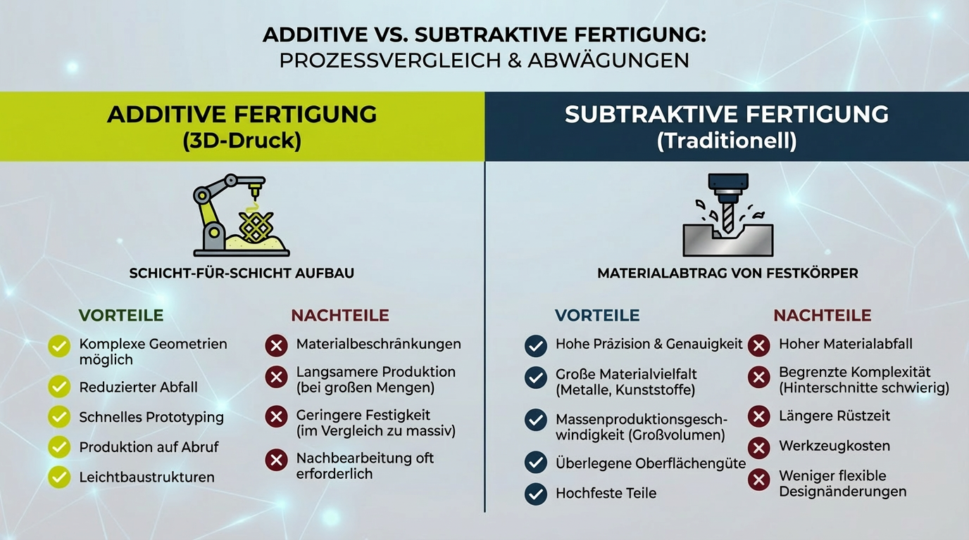 Additive vs. Subtraktive Fertigung – Vergleichsinfografik