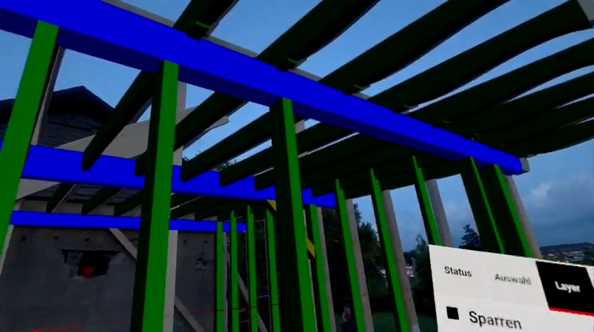 View through the mixed reality headset: roof structure with layers that can be shown and hidden
