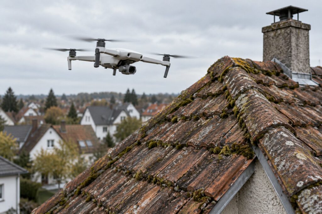 Surveying drone above a gable roof with old clay tiles