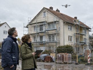Bauleiter und Architektin mit Tablet vor einem eingerüsteten Wohnhaus, über dem Dach fliegt eine Vermessungsdrohne