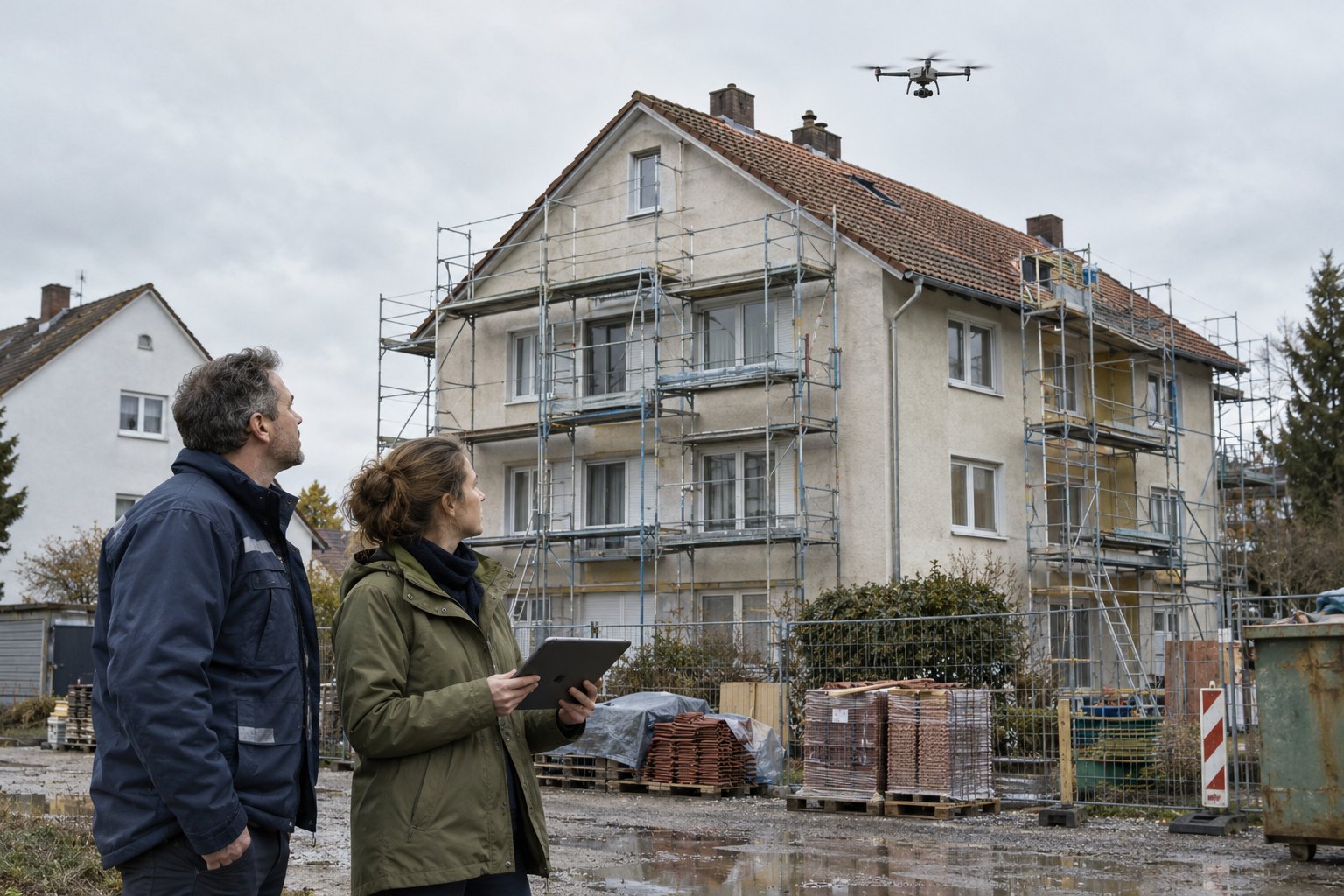 Site manager and architect with a tablet in front of a scaffolded house, a surveying drone flies above the roof