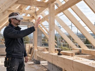 Zimmermeister mit Meta-Quest-3-Brille im offenen Dachstuhl eines Holzrahmenhauses